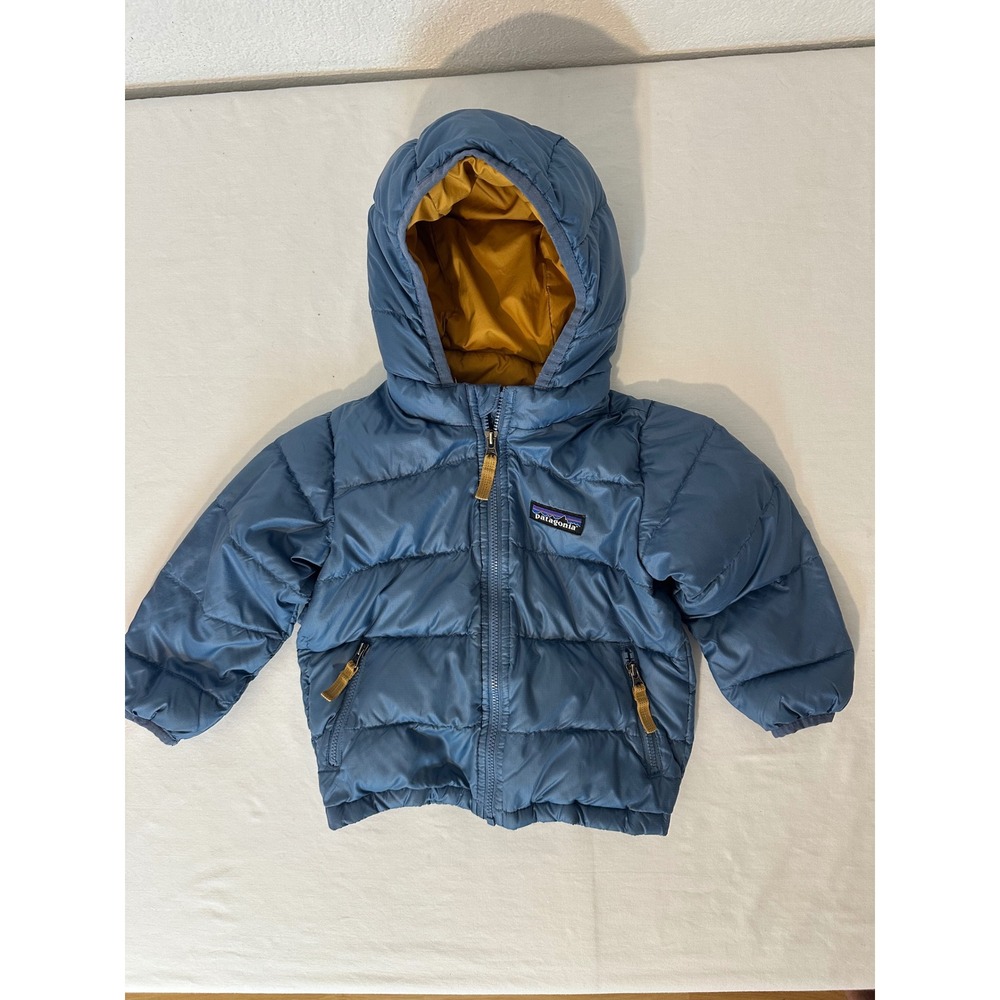 Patagonia Baby Hi-Loft Down Sweater Hoody Blue Gold 12-18M Puffer Jacket